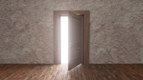 Open door showing light in empty room with wooden floor Ilustración de archivo
