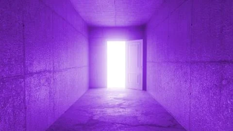 Open door showing light at the end of purple corridor Stock Illustration