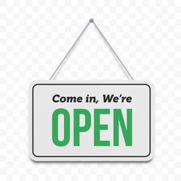 Open door sign. Vector We are open hanging signboard Illustrazione stock