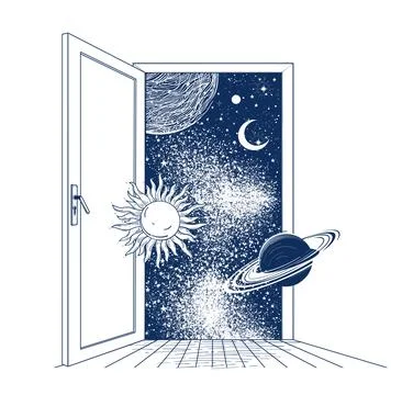 Open door to space with flying planets, sun and moon. Concept of imagination Stock Illustration