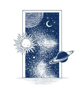 Open the door to space with flying planets, sun and moon. The concept of Illustrazione stock
