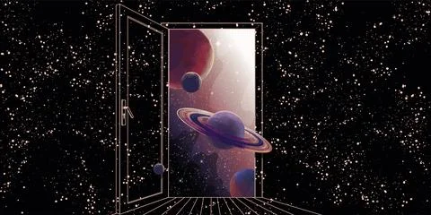 Open door to space with planets and stars, abstract background with stars f.. Stock Illustration