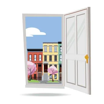 Open door into spring city view with blooming pink trees on white background Stock Illustration
