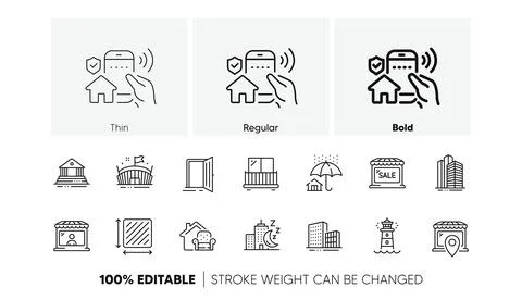 Open door, Square area and Market seller line icons. For web app, printing. Line Stock Illustration