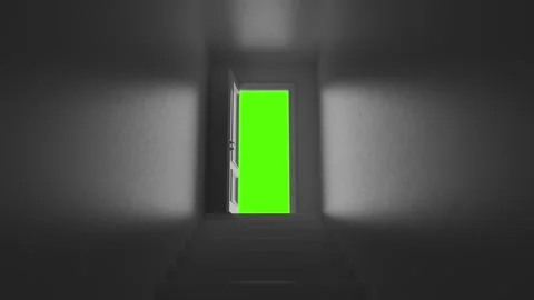 Open door with steps in a dark room on a green background Stock Footage 132920937