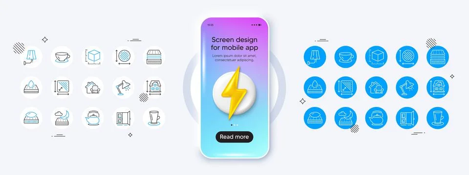 Open door, Table lamp and House dimension line icons. For web app, printing Stock Illustration