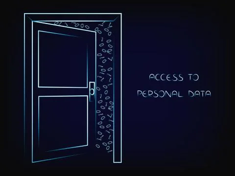 Open door with text Personal Data on and messy binary code behind it 스톡 일러스트