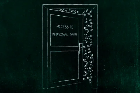 Open door with text Personal Information and messy data (binary code) behind 스톡 일러스트
