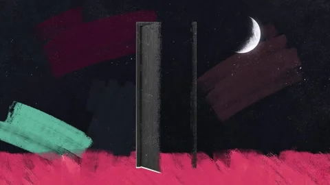 Open Door Under a Crescent Moon with Teal and Pink Brush Strokes Stock Footage 346782904