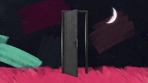 Open Door Under a Crescent Moon on Pink Painted Ground Stock Illustration