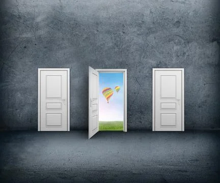 Open door with a view of the sky and hot air balloons. Concrete room Illustrazione stock