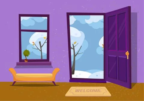 Open door into winter landscape cloudy view with snowy trees. Door mat and Stock Illustration