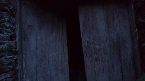 Open doors of an abandoned house with a feeling of fear and curiosity. Video stock 256088050
