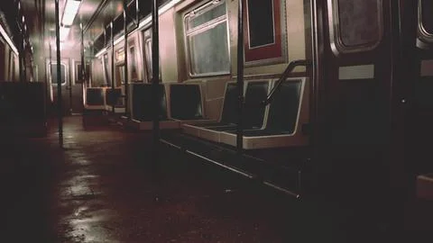 Open Doors on Rainy Day, Empty Train Car in Underground Metro Stock Illustration
