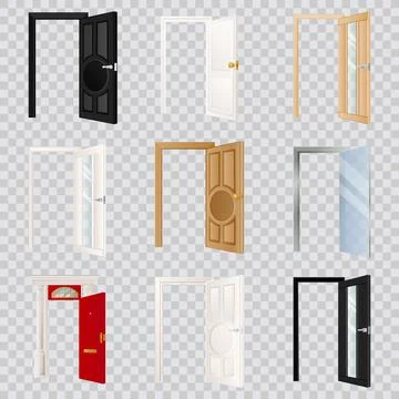 Open doors set, isolated on transparent background. Classical wooden, white, Stock Illustration