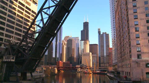 An open drawbridge with the Chicago skyline behind. Stock Footage 26947411