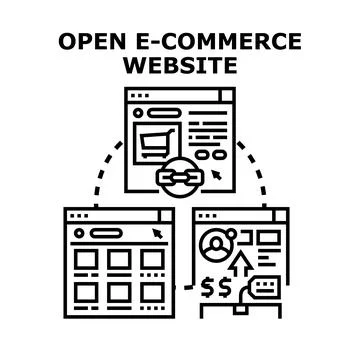 Open e commerce website process connecting online shopping payments Stock Illustration