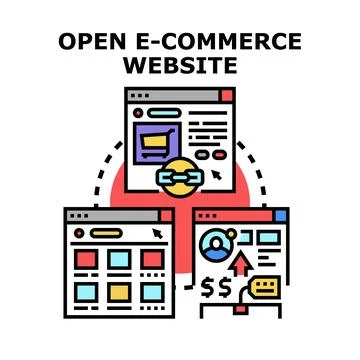 Open e commerce website process connecting online shopping payments Stock Illustration