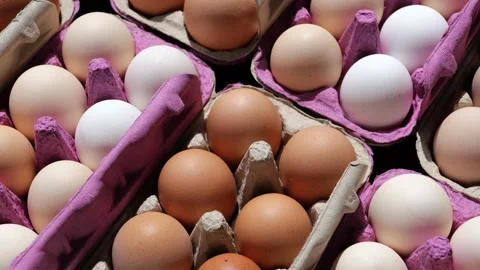 Open egg box with fresh organic colorful eggs in carton packs Stock Footage 204987292