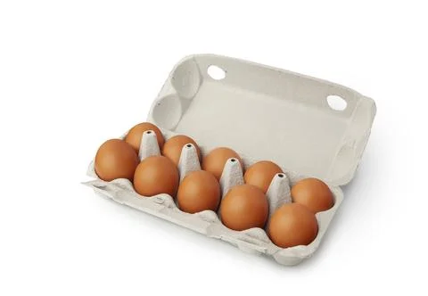 Open egg box with ten brown eggs isolated on white background Stock Photos