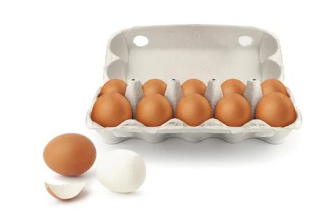 Open egg box with ten brown eggs isolated on white background Stock Photos