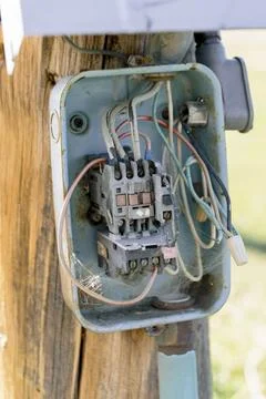 Open electrical box with visible wiring Stock Photos