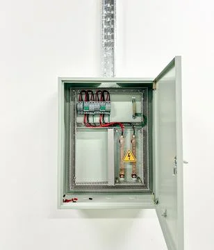 Open Electrical Distribution Panel with Circuit Breakers and Copper Busbars Stock Photos