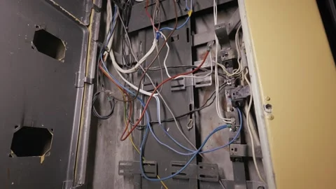 Open Electrical Fuse Box Revealing Chaotic Dangerous Wiring Stock Footage 329681467