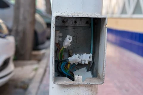 Open Electrical Junction Box with Exposed Wires Outdoors Photos