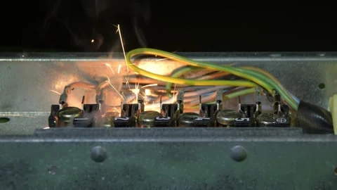 An open electrical panel demonstrates a short circuit with intense sparks and sm Video stock 323144119