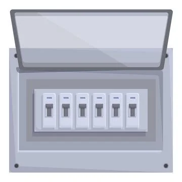 Open electrical panel showing circuit breakers for home energy distribution Illustrazione stock