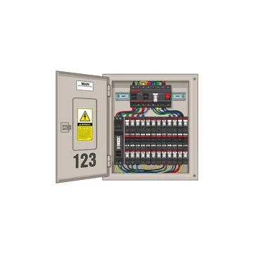 Open electrical panel with switches and wires with ideal for concepts of Illustrazione stock