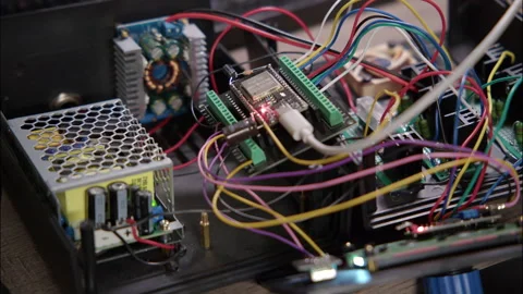 Open Electronics Prototyping Housing with Circuitry and Wiring Stock Footage 332226929