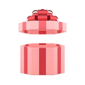 Open elegant feminine pink hexagonal luxury gift box with red bow ribbon 3d.. Illustrazione stock
