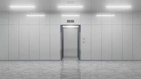 Open elevator doors inviting to first floor in modern building Ilustración de archivo