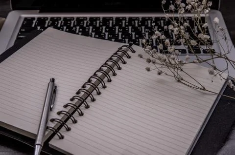 Open empty blank notebook organizer with pen for planning work on laptop. Con Foto stock