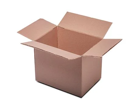 An open, empty brown cardboard box sits on a white background. Stock Photos