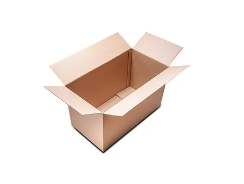 An open, empty brown cardboard box sits on a white background. Stock Photos