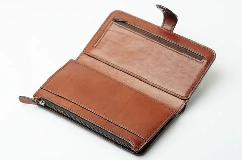 Open empty brown leather wallet Stock Photos
