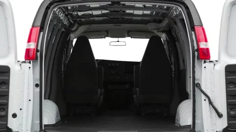 Open empty car trunk close up Alpine White 2020 GMC Savana 3500 Cargo Work Van Stock Footage 159833494