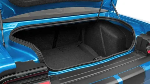 Open empty car trunk close up Eclipse Black 2016 Dodge Challenger SRT 392 Vídeo Stock 159885291