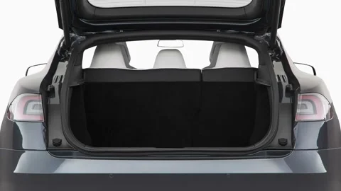 Open empty car trunk close up Mineral White Metallic 2017 Tesla Model S 100D Stock Footage 159970309