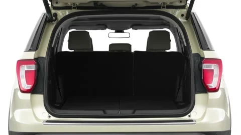 Open empty car trunk close up Phantom Gray Metallic 2018 Ford Explorer Platinum Stock Footage 159996309