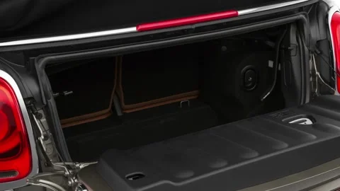 Open empty car trunk close up Alpine White 2019 Mini Convertible Cooper S Stock Footage 160015017