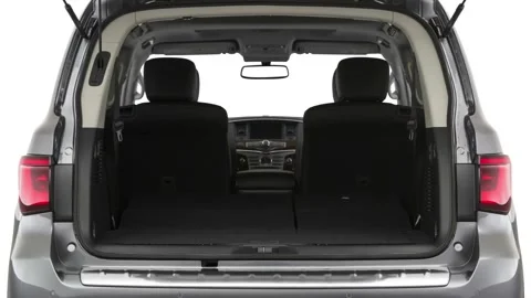 Open empty car trunk close up Satin Steel Metallic 2019 Infiniti QX80 Luxe Stock Footage 160032805