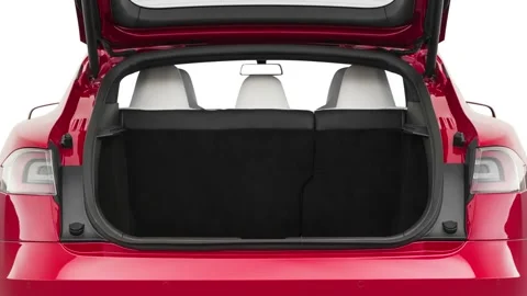Open empty car trunk close up Iridium Silver Metallic 2019 Tesla Model S P100D Stock Footage 160085693
