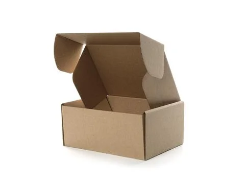 Open empty cardboard box isolated on white. Mockup for design Stock Photos