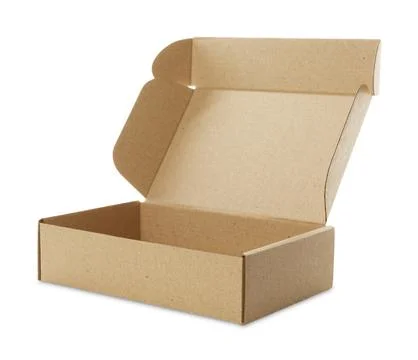 Open empty cardboard box isolated on white. Mockup for design Stock Photos