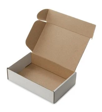 Open empty cardboard box isolated on white. Mockup for design 库存照片