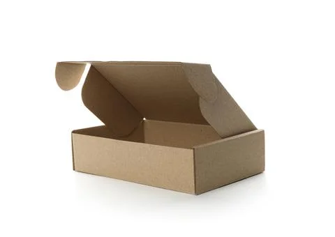 Open empty cardboard box isolated on white. Mockup for design Stock Photos
